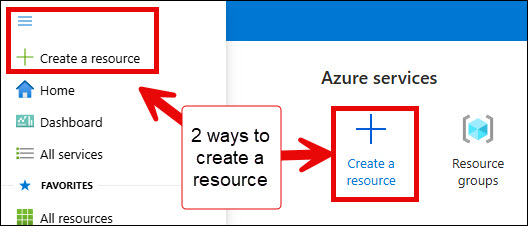 Azure portal - showing "+ Create resource" on the Home page as well as under the hamburger menu.