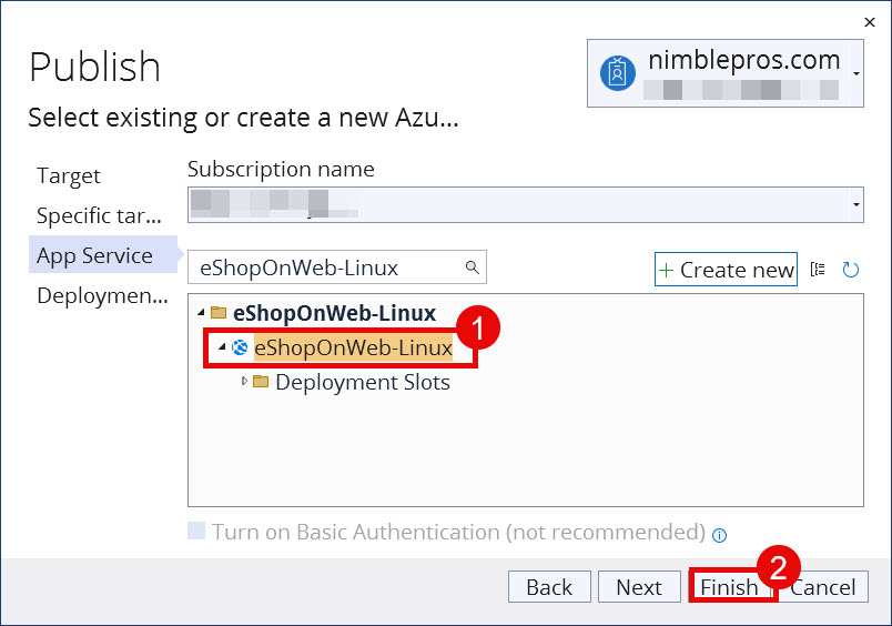 In the Publish dialog, on the App Service step. The new app service is highlighted, then the Finish button is highlighted.