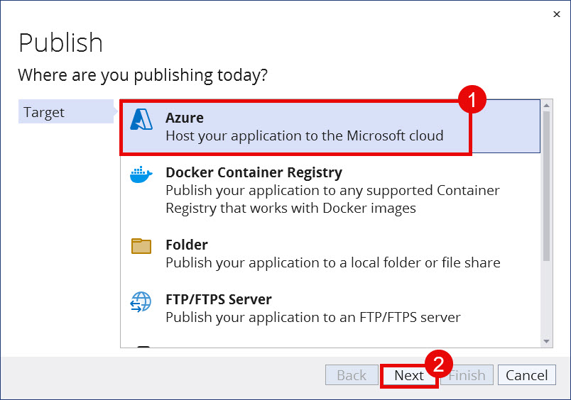 Publish dialog is displayed. This is the Target step. Azure is the selected target. The Next button is highlighted.